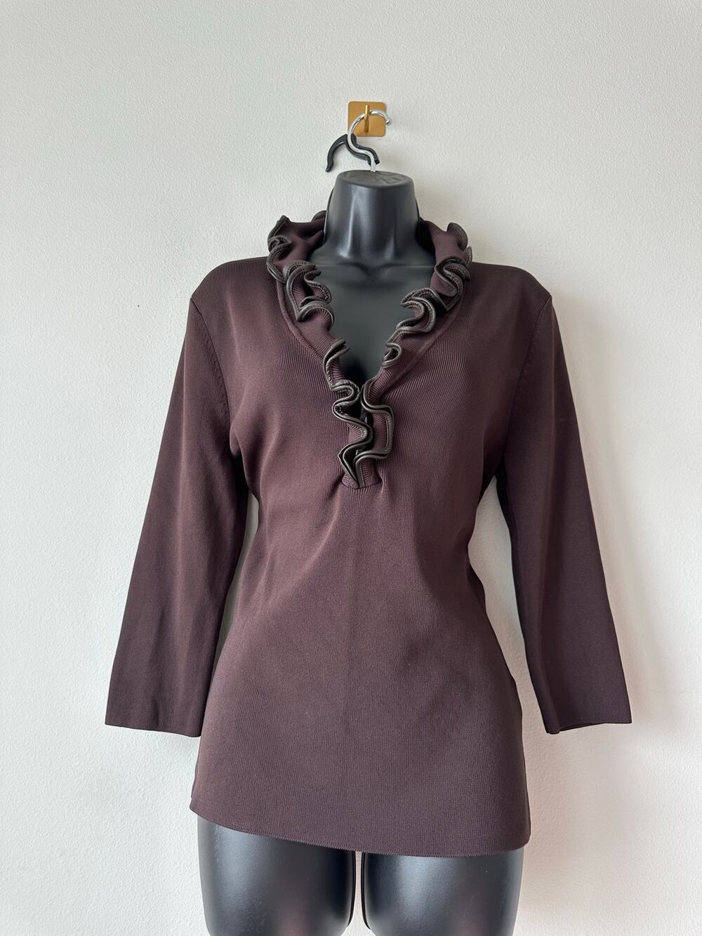 Y2K Chocolate Brown Ruffle Knit Top Faux Leather Trim Deep V Neck M